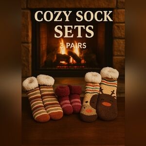 Cozy Striped and Reindeer Socks, 3 Sets